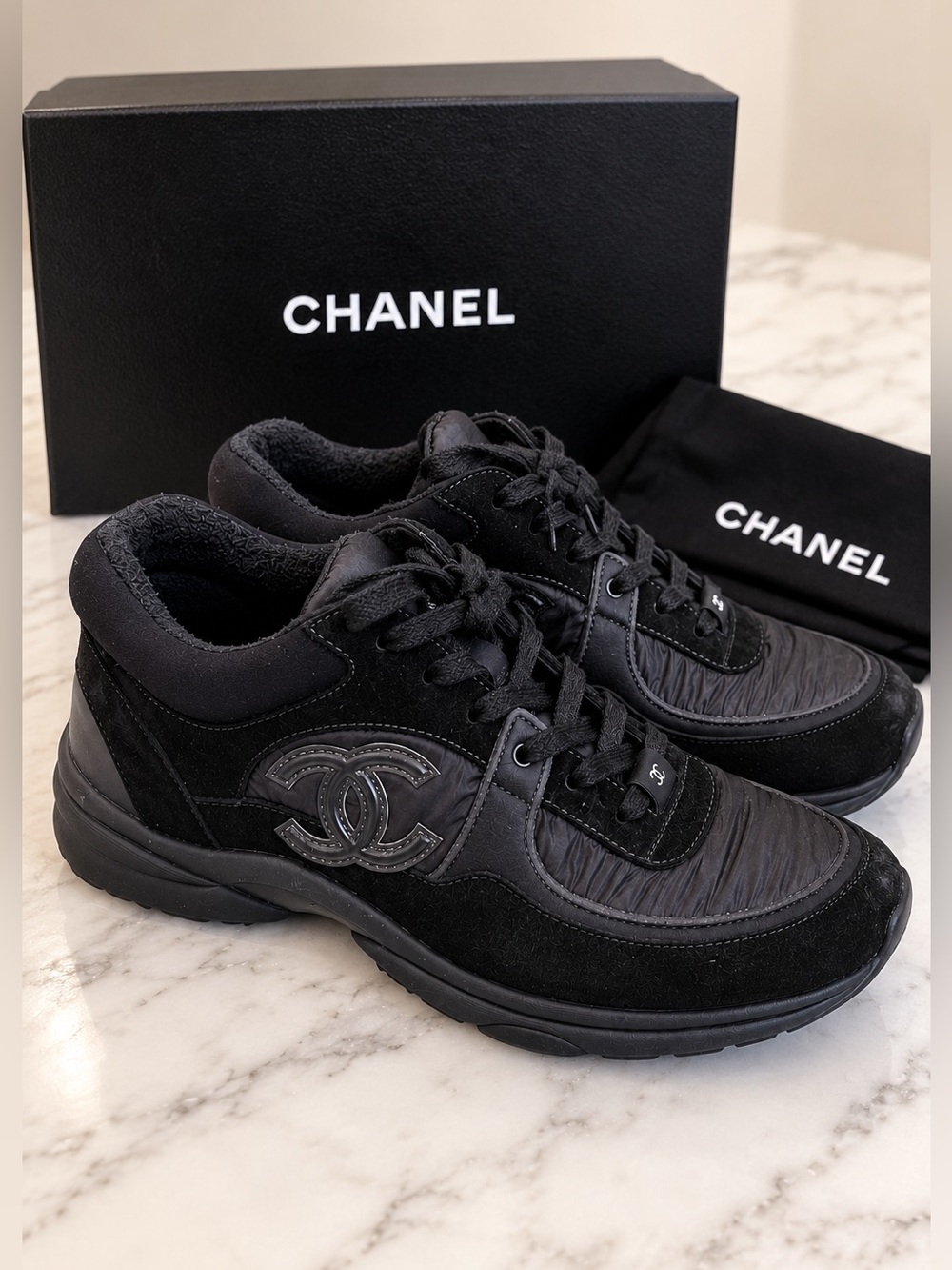 CHANEL G34360 Triple Black CC Sneakers EU 38 Calfskin Suede Full Set Authentic